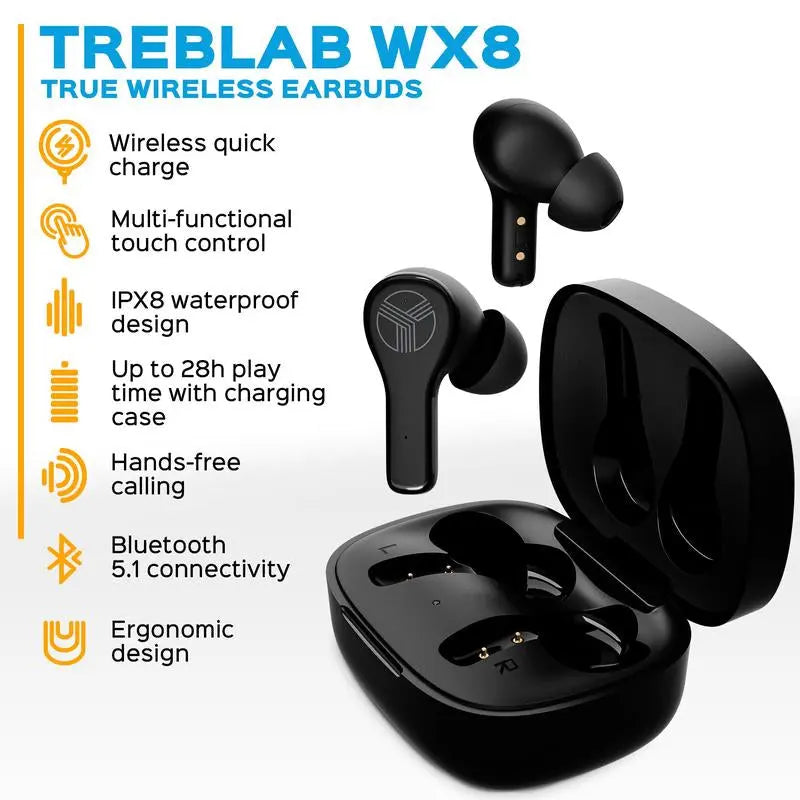 TREBLAB WX8 - Wireless Earbuds with Charging Case - Audio Cable Headphone